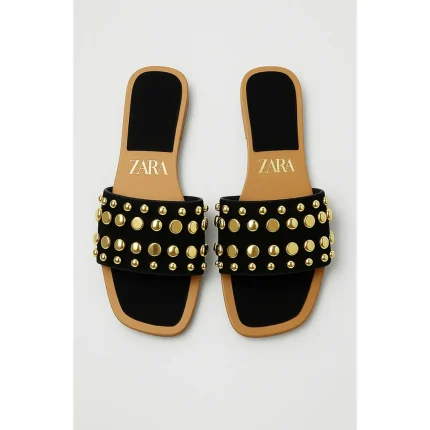 ZARA BLACK STUDDED FLAT SLIDES – GOLD EMBELLISHED