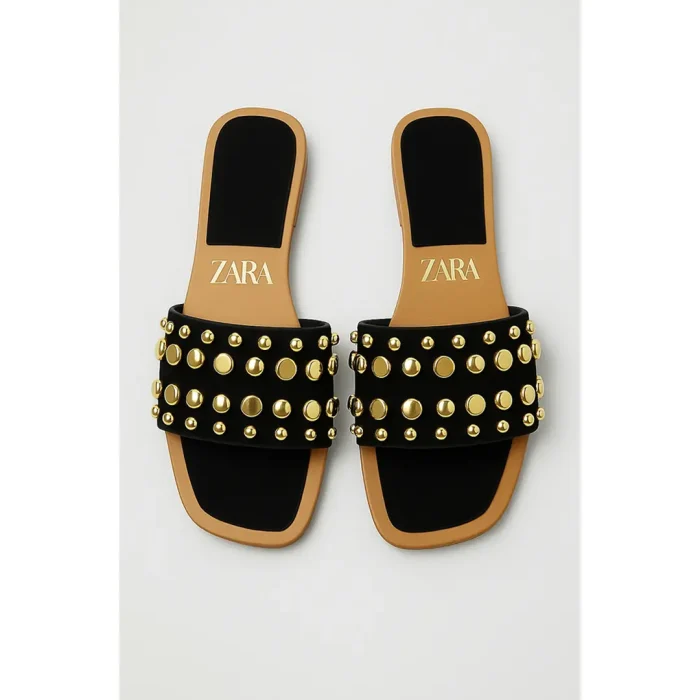 ZARA BLACK STUDDED FLAT SLIDES – GOLD EMBELLISHED
