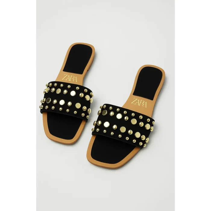 ZARA BLACK STUDDED FLAT SLIDES – GOLD EMBELLISHED