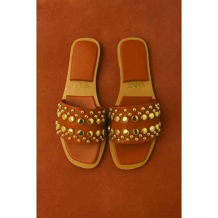 ZARA TAN BROWN STUDDED FLAT SLIDES – GOLD EMBELLISHED