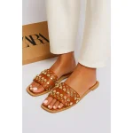 ZARA TAN BROWN STUDDED FLAT SLIDES – GOLD EMBELLISHED
