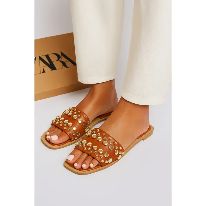 ZARA TAN BROWN STUDDED FLAT SLIDES – GOLD EMBELLISHED