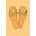 ZARA NUDE BEIGE STUDDED FLAT SLIDES – GOLD EMBELLISHED