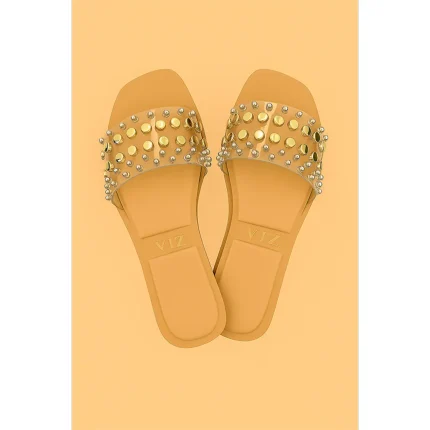 ZARA NUDE BEIGE STUDDED FLAT SLIDES – GOLD EMBELLISHED
