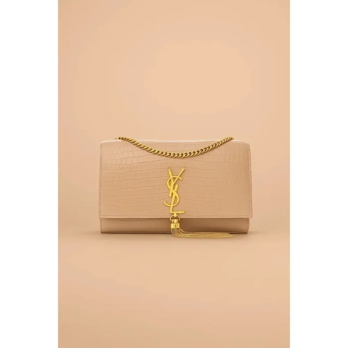 YSL KATE SAINT LAURENT BEIGE CROCODILE EMBOSSED GOLDEN TUSSEL