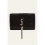 YSL KATE SAINT LAURENT BLACK CROCODILE EMBOSSED SILVER TUSSEL