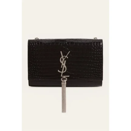 YSL KATE SAINT LAURENT BLACK CROCODILE EMBOSSED SILVER TUSSEL