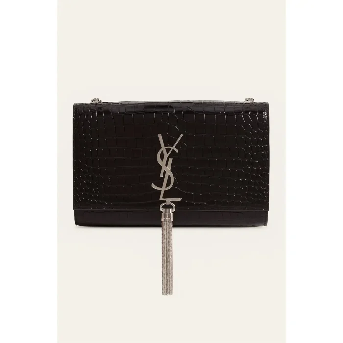 YSL KATE SAINT LAURENT BLACK CROCODILE EMBOSSED SILVER TUSSEL