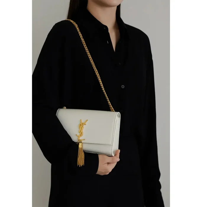 YSL KATE SAINT LAURENT WHITE CROSS BODY BAG GOLDEN TUSSEL