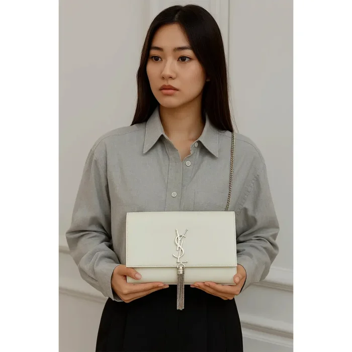 YSL KATE SAINT LAURENT WHITE CROSS BODY BAG SILVER TUSSEL