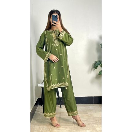 Olive Green Embroidered 2-Piece Suit