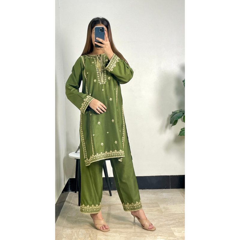 Olive Green Embroidered 2-Piece Suit