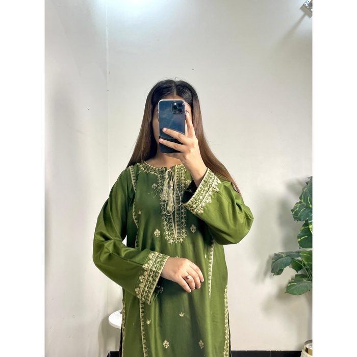 Olive Green Embroidered 2-Piece Suit