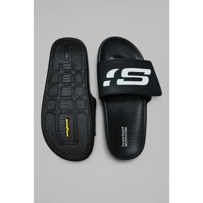 SKECHERS ALL BLACK HYPER BURST SLIDE WITH BOX
