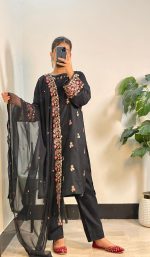 Black Cotton 3-Piece Suit with Colorful Embroidery & Chiffon Dupatta