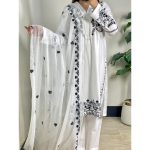 Premium White Cotton 3-Piece Embroidered Suit with Black Thread Work